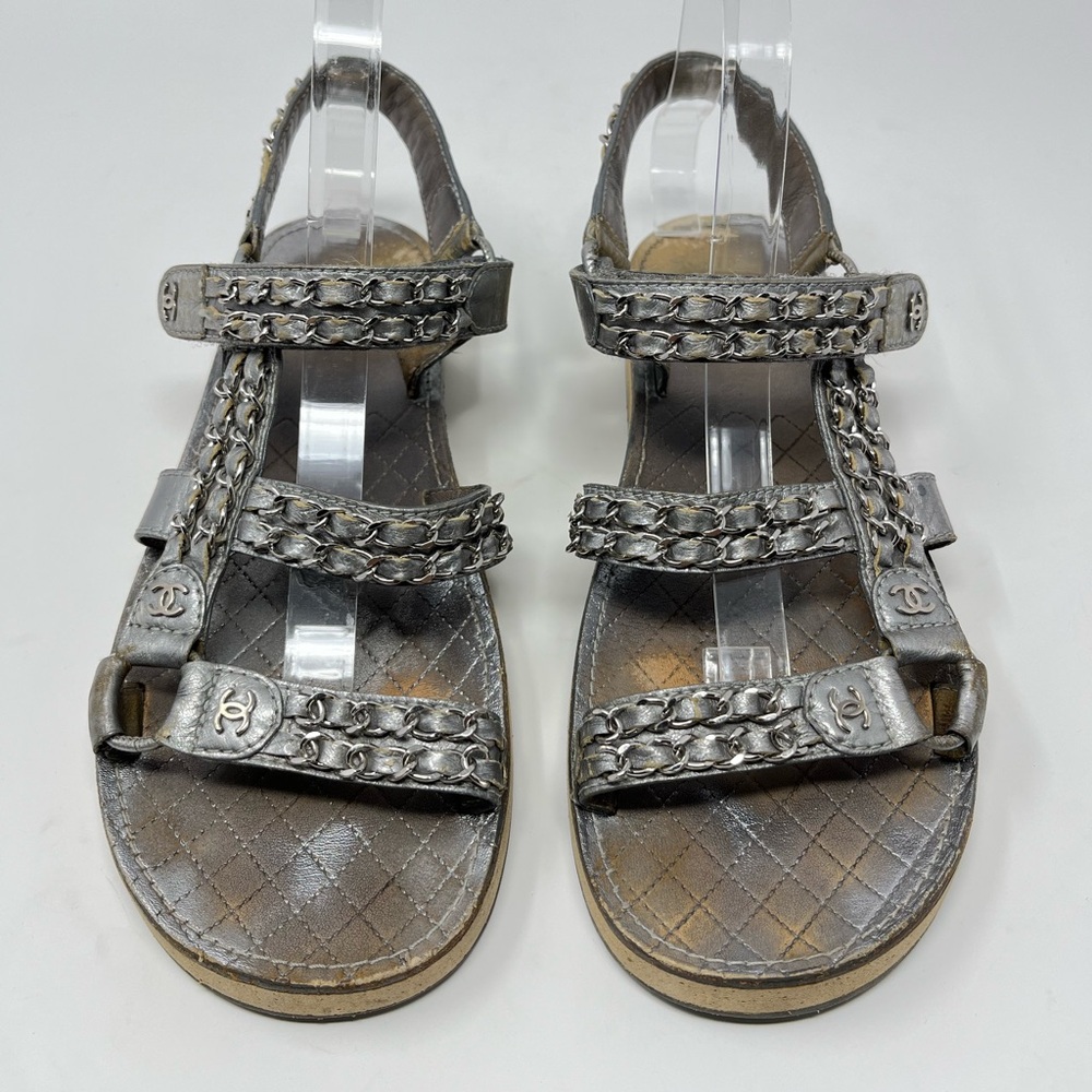 SOLD// Chanel Silver Metallic Chain Dad Sandals CC Logo Leather 40C 40 9 9.5 - Picture 14 of 14
